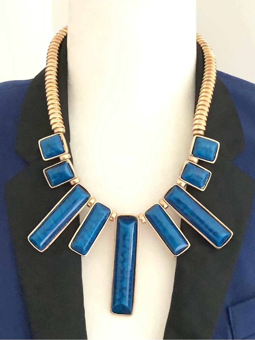 Amrita Singh Azure deep Blue Statement Geometric Bib Necklace Goldtone 80s Vibe